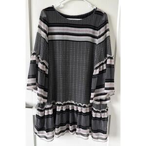 Max Edition Black White Striped Ruffle Dress Bell Sleeve Boho Shift S Lightweigh